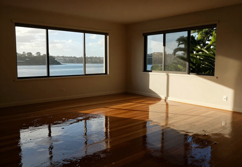 Flooded living room in Cartwright before restoration